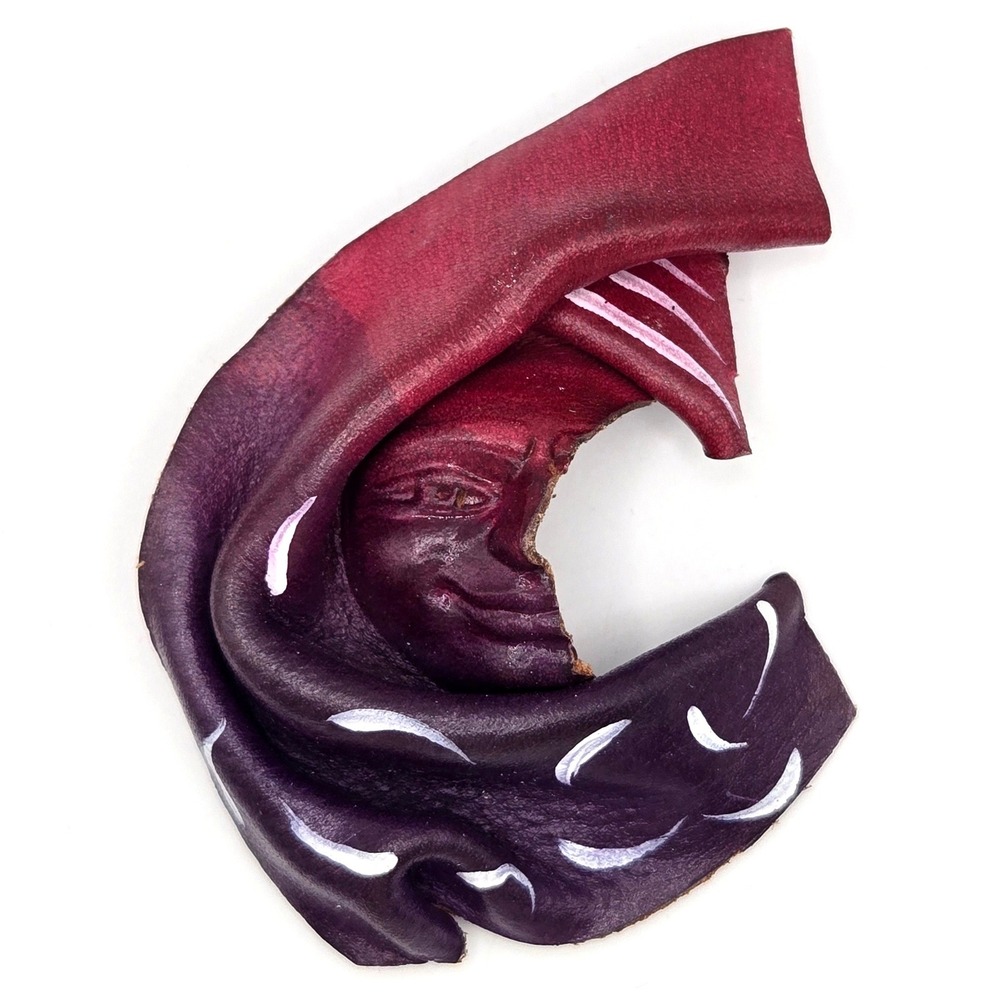 Vintage Handcrafted Molded Leather Man in the Moon Brooch Purple Magenta Pin